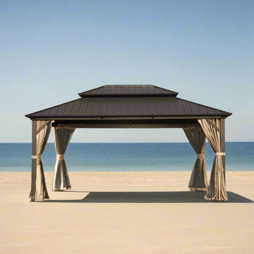 Hardtop Gazebo, Aluminum Metal Gazebo with Galvanized Steel Double Roof Canopy, Curtain and Netting, Permanent Gazebo Pavilion 12' X 14'