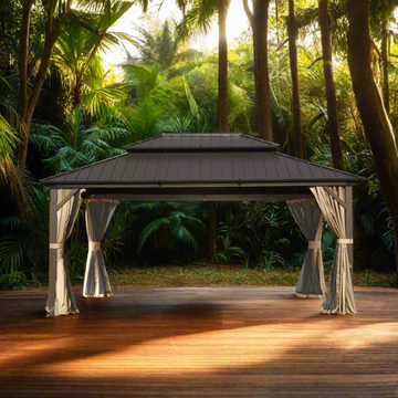 Hardtop Gazebo, Aluminum Metal Gazebo with Galvanized Steel Double Roof Canopy, Curtain and Netting, Permanent Gazebo Pavilion 12' X 16'