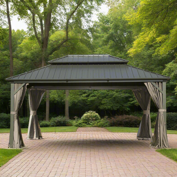 Hardtop Gazebo, Aluminum Metal Gazebo with Galvanized Steel Double Roof Canopy, Curtain and Netting, Permanent Gazebo Pavilion 12' X 14'