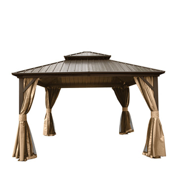 Hardtop Gazebo, Aluminum Metal Gazebo with Galvanized Steel Double Roof Canopy, Curtain and Netting, Permanent Gazebo Pavilion 12' X 12'