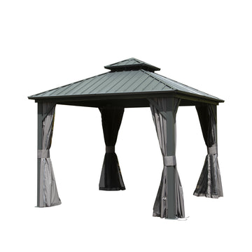 10' X 10' Hardtop Gazebo, Aluminum Metal Gazebo with Galvanized Steel Double Roof Canopy, Curtain and Netting, Permanent Gazebo Pavilion