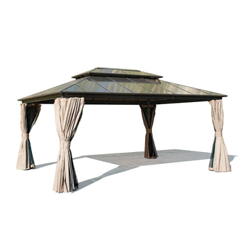 12x16ft Hardtop Gazebo, Permanent Outdoor Gazebo with Polycarbonate Double Roof, Aluminum Gazebo Pavilion with Curtain and Net