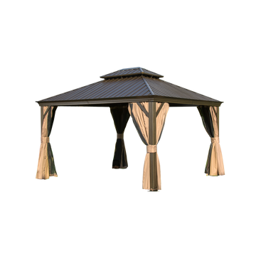 12'x14' Hardtop Gazebo, Outdoor Aluminum Frame Canopy with Galvanized Steel Double Roof, Outdoor Permanent Metal Pavilion with Curtains and Netting