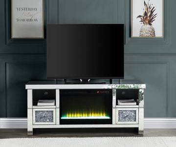 ACME Noralie TV STAND W/FIREPLACE Mirrored & Faux Diamonds