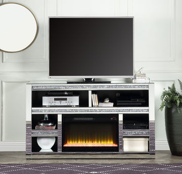 ACME Noralie TV STAND W/FIREPLACE Mirrored & Faux Diamonds