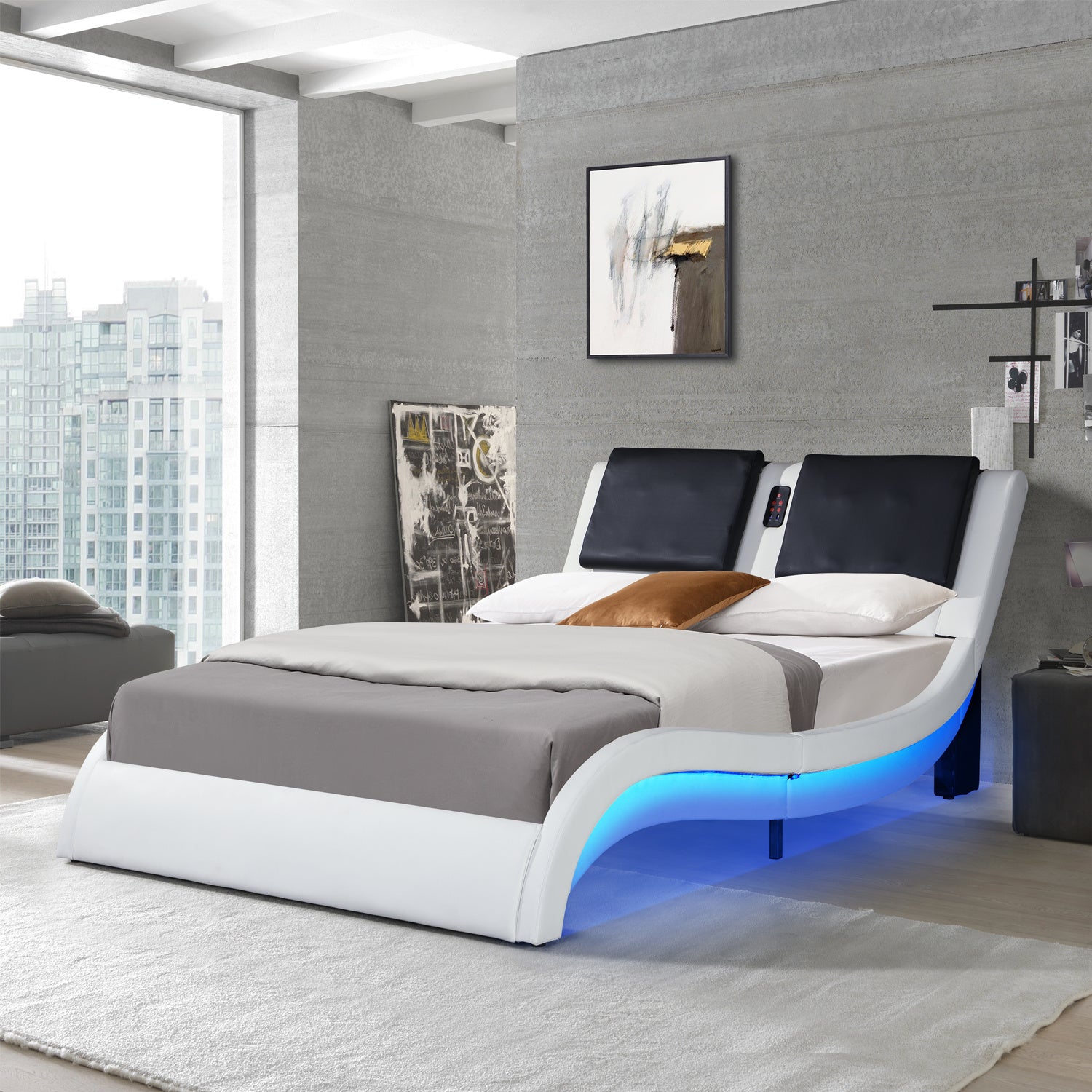 Faux Leather Upholstered Platform Bed Frame with led lighting; Bluetooth connection to play music  RGB control; Backrest vibration massage; Queen