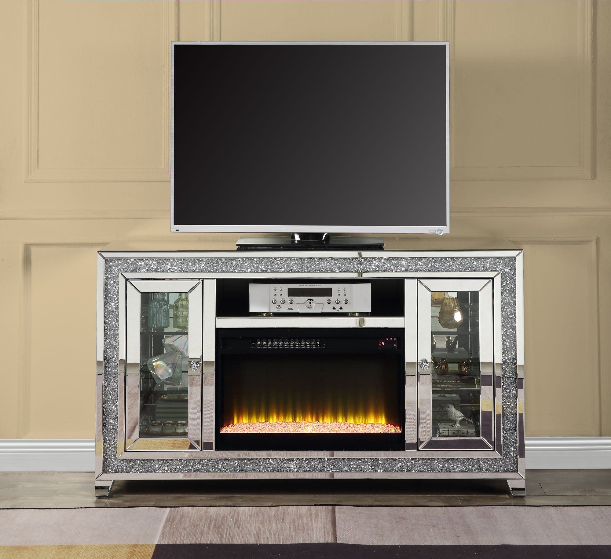 ACME Noralie TV STAND W/FIREPLACE & LED Mirrored & Faux Diamonds