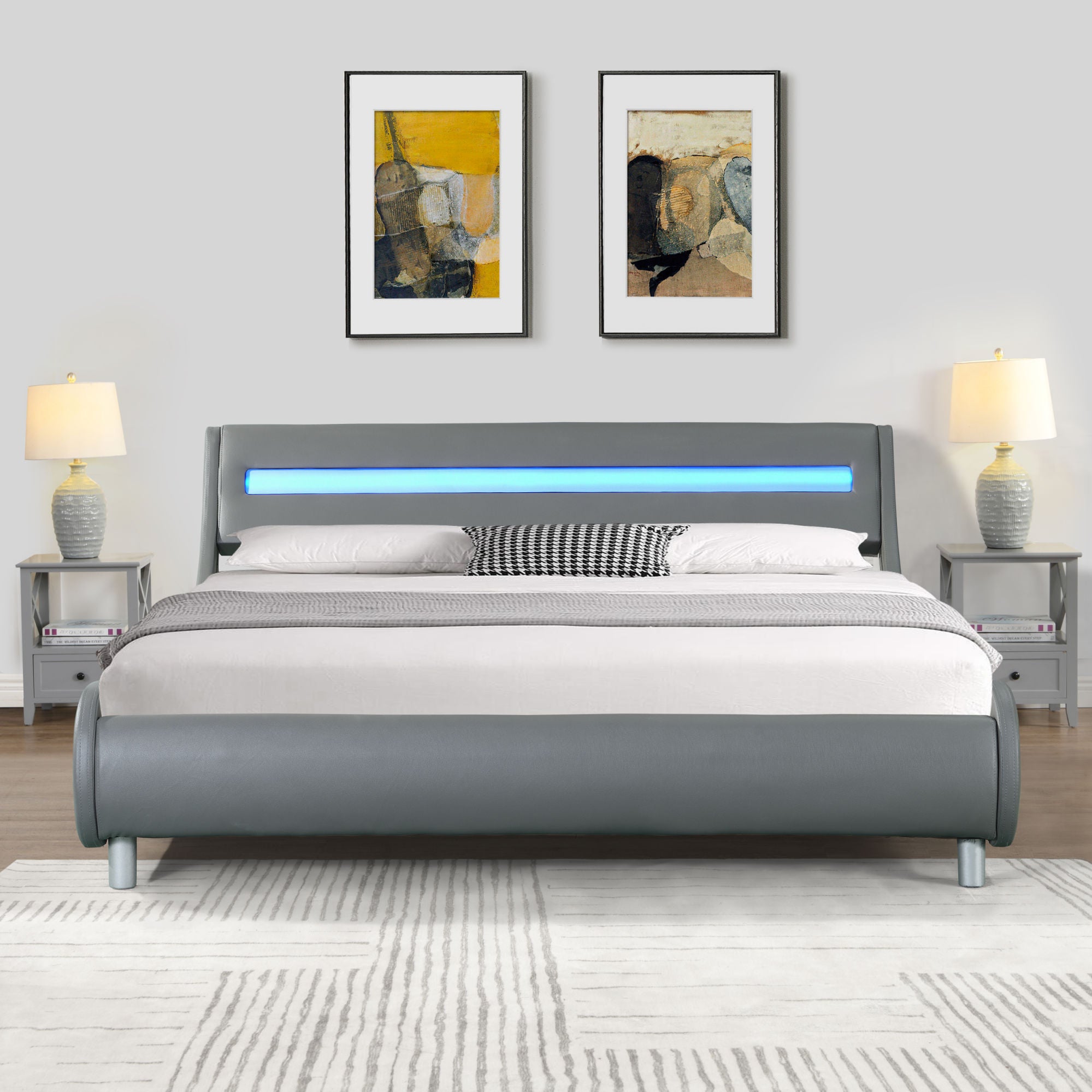 Faux Leather Upholstered Platform Bed Frame with led lighting , Curve Design, Wood Slat Support, No Box Spring Needed, Easy Assemble, Queen Size