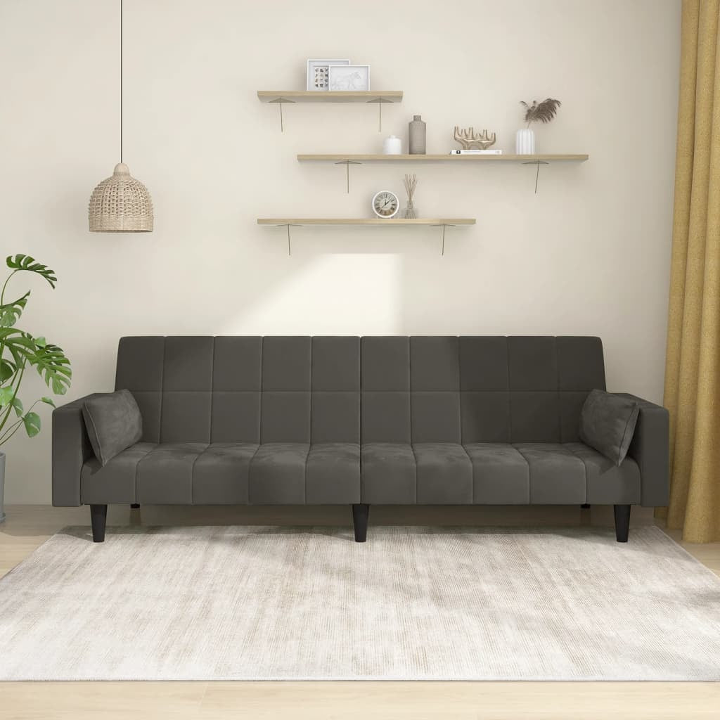 2-Seater Sofa Bed with Two Pillows Dark Gray Velvet