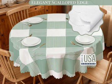 Plaid Tablecloth Green Scalloped Edge Lace Details For Spring Spill-Proof Summer Washable Fabric Table Cloth For Family Dinner Occasion
