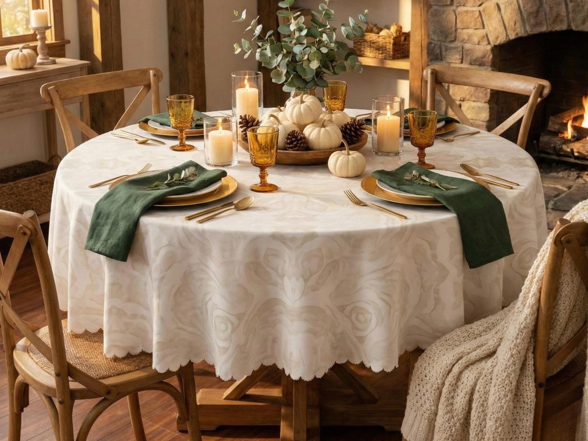 Tablecloth Round 60in Ivory With Scalloped Edge Lace Affect Details For Dining Room Spill-Proof Spring Washable Fabric Table Cloth Dinner