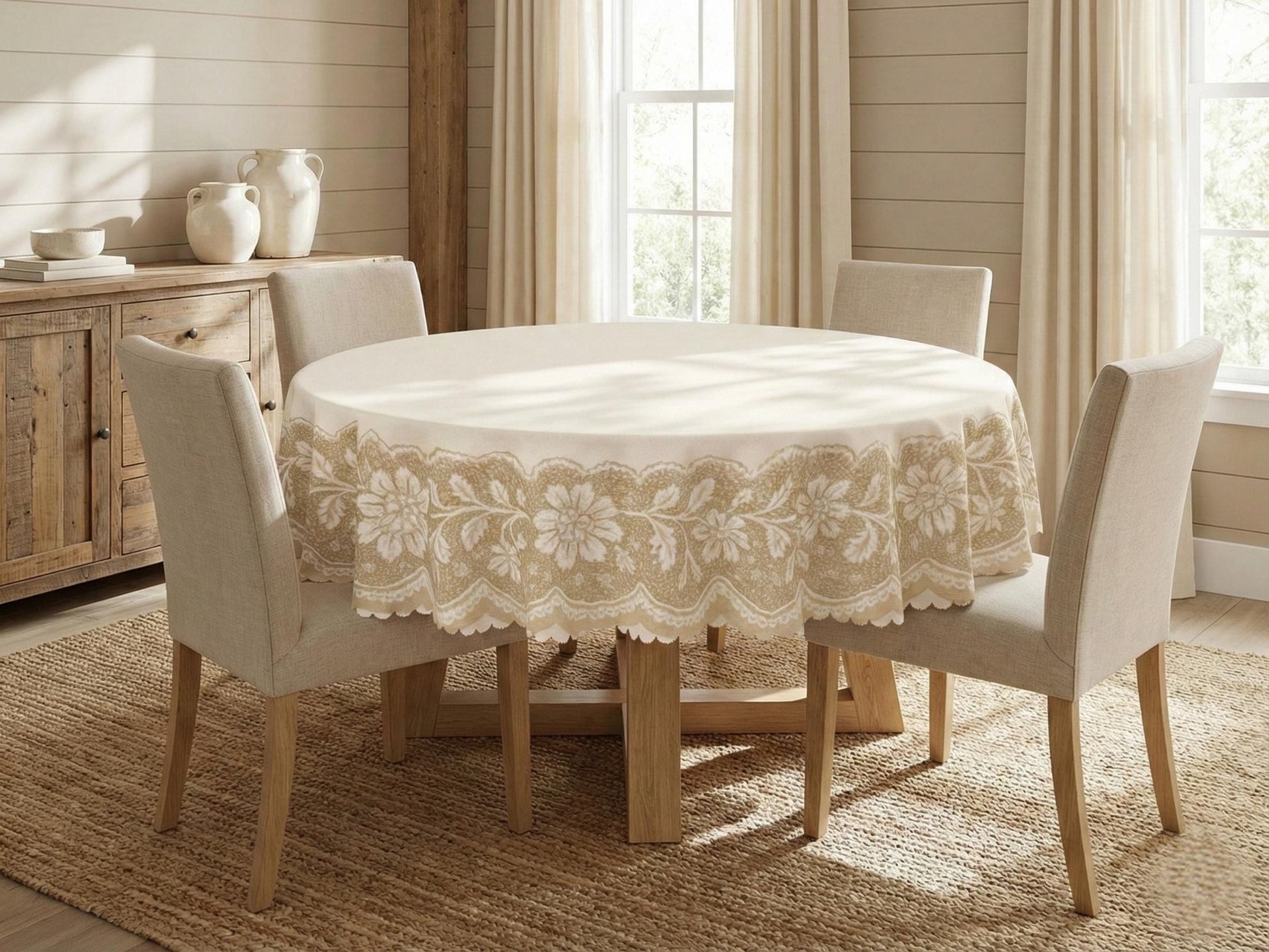 Round Floral Tablecloth With Scalloped Edge Lace Printed Detail Design Spill-Proof Elegant Washable Fabric Table Cloth For Dining Table