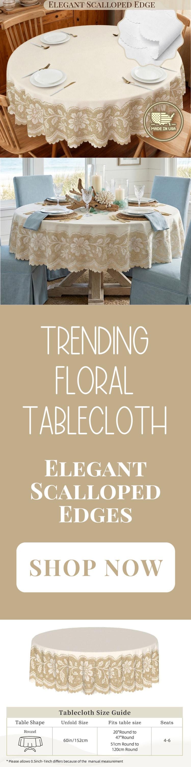 Round Floral Tablecloth With Scalloped Edge Lace Printed Detail Design Spill-Proof Elegant Washable Fabric Table Cloth For Dining Table