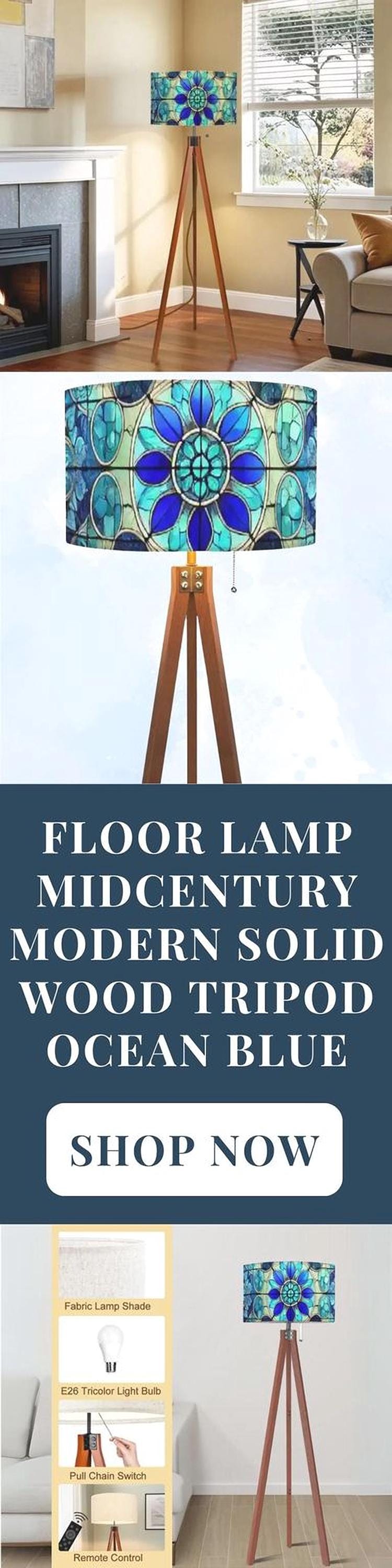Floor Lamp Tripod Mid Century Wood Tall Lamp Linen Shade Stained Glass Effect Solid Wood Tall Lamp Housewarming Gift Living Room Decor Lamp