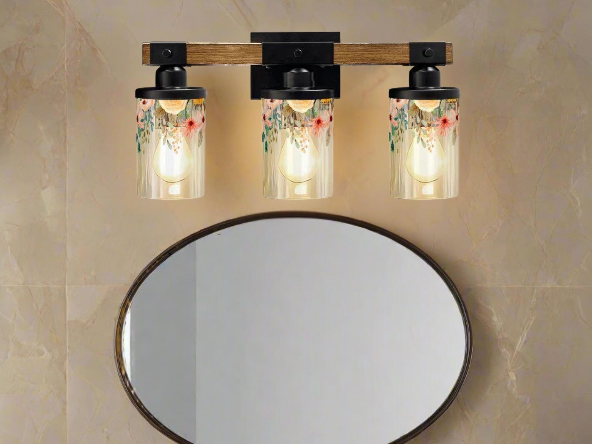 Vanity Light Fixture 3-Light Watercolor Floral Farmhouse Luxury Bathroom Lighting Flowers Metal and Glass Restroom Light Over Sink Decor