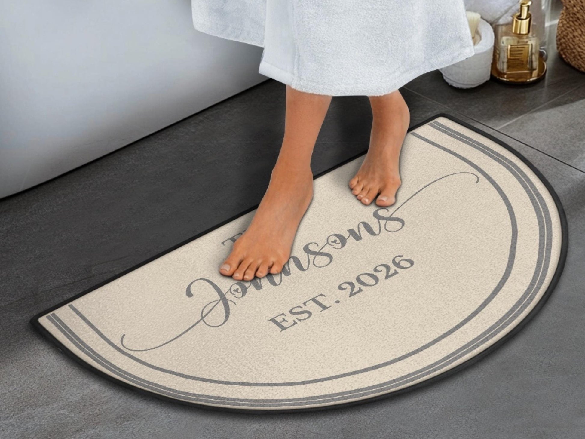 Welcome Mat Custom Entryway Rug Family Name Est Year Semi-Circle Minimalist Beige Carpet Accent Mat Rug Soft Short Pile Personalized Rug