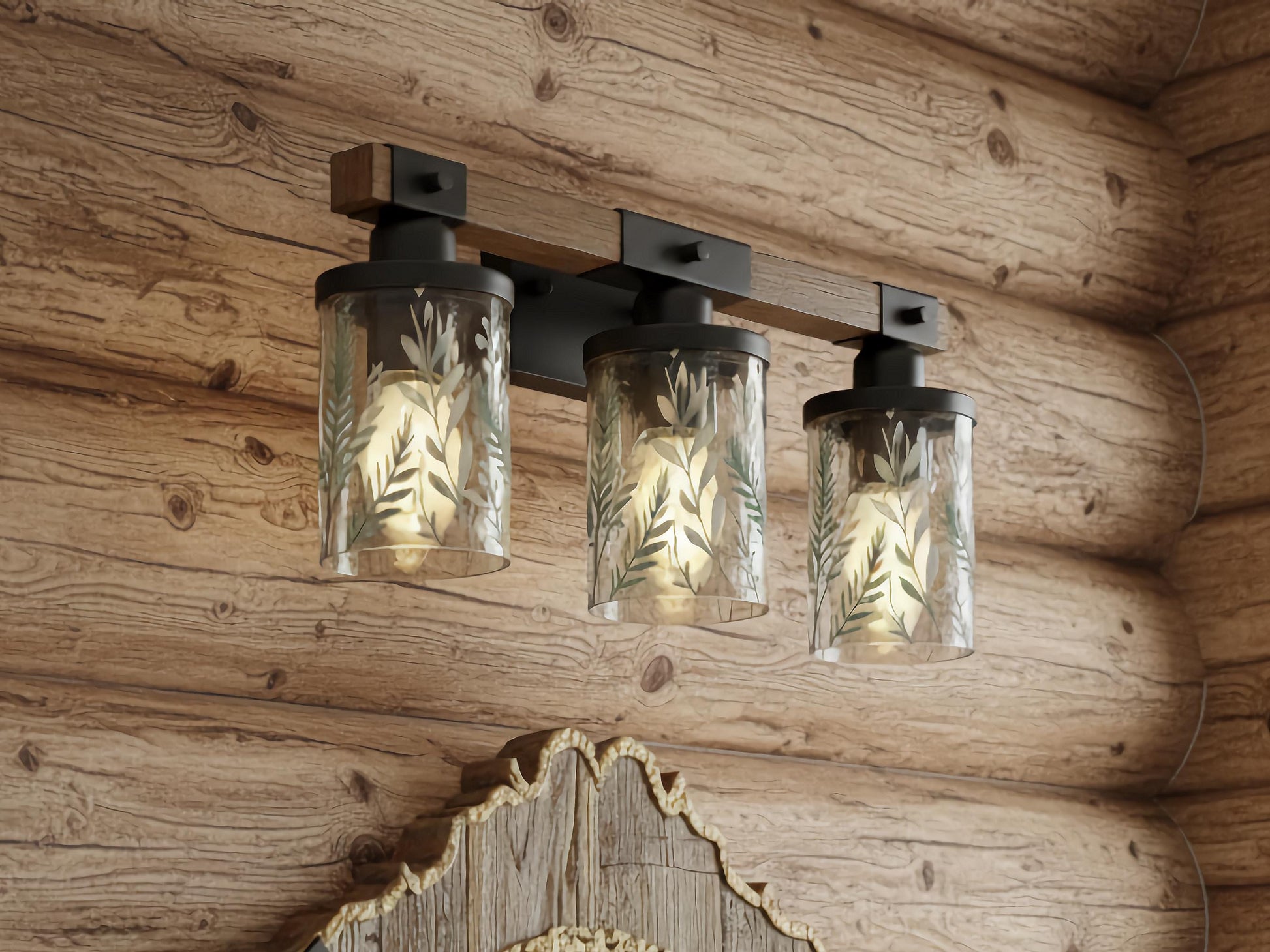 Luxury Bathroom Lighting Green Vanity Light Fixture 3-Light Decorative Metal & Glass Restroom Light Sage Greenery Botanical Over Sink Decor