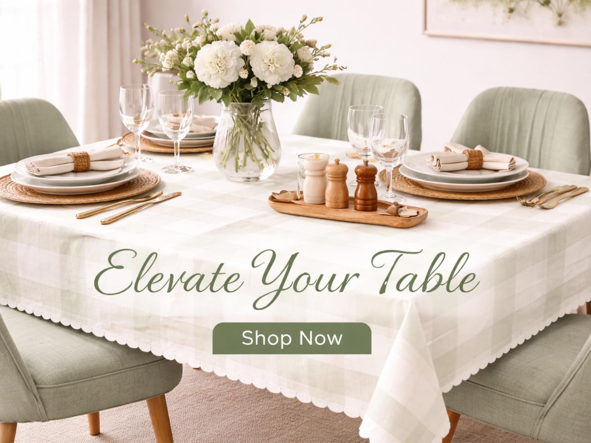 Scalloped Sage Gingham Tablecloth Hand Drawn Uneven Line Green Plaid Farmhouse Tablecloth Cottagecore Dining Table Cover Neutral Home Decor