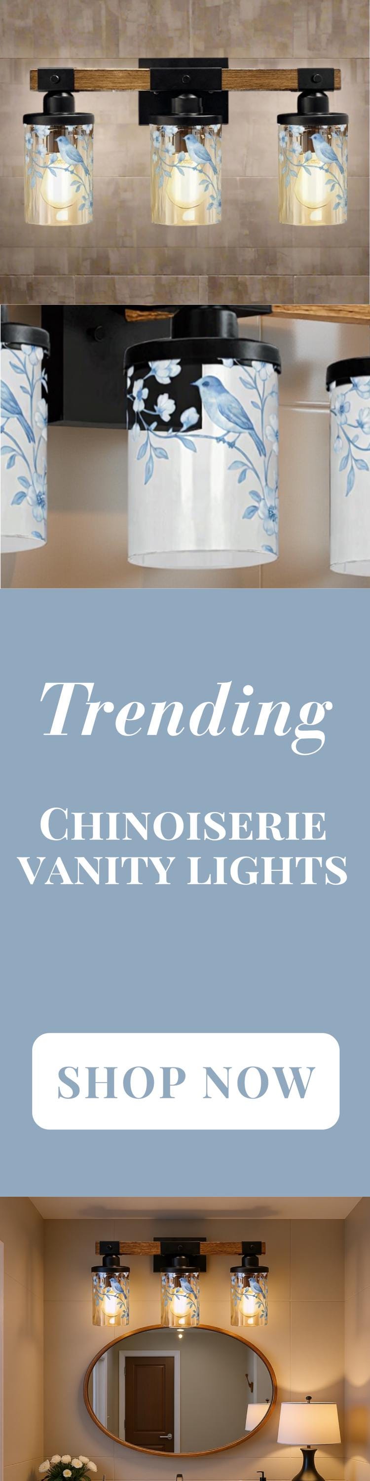 Luxury Bathroom Lighting Chinoiserie Vanity Light Fixture 3-Light Decorative Metal and Glass Restroom Light Toile Bird Light Over Sink Decor