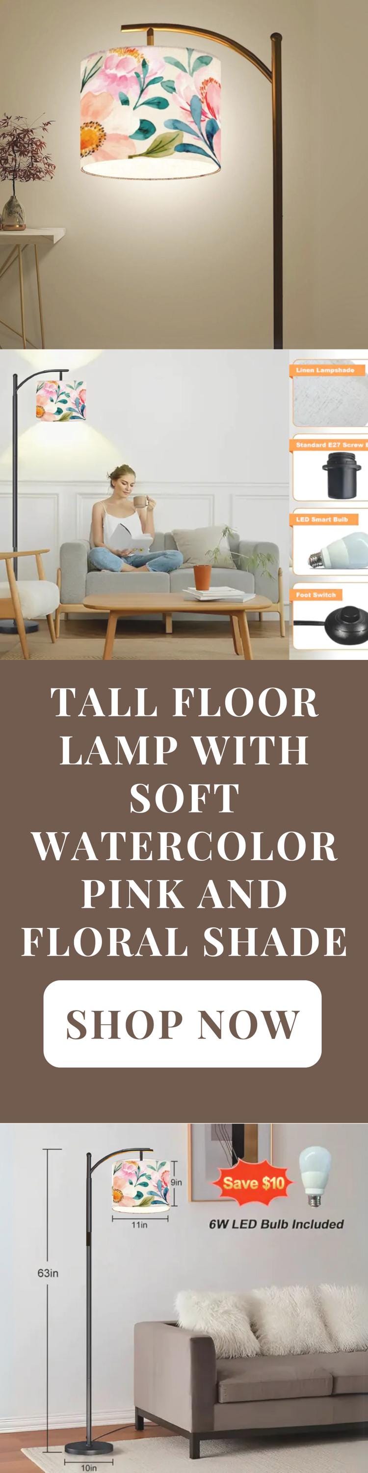 Floor Lamp Arc Living Room Lamp Gift Modern Watercolor Floral Housewarming Present Idea Wildflowers Design Bedroom Lighting Floor Lamp Gift