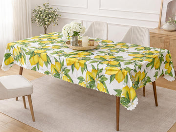 Tablecloth Lemon Rectangle With Scalloped Edge Lace Detail Springtime Spill-Proof Washable Fabric Lemons Table Cloth For Family Dining