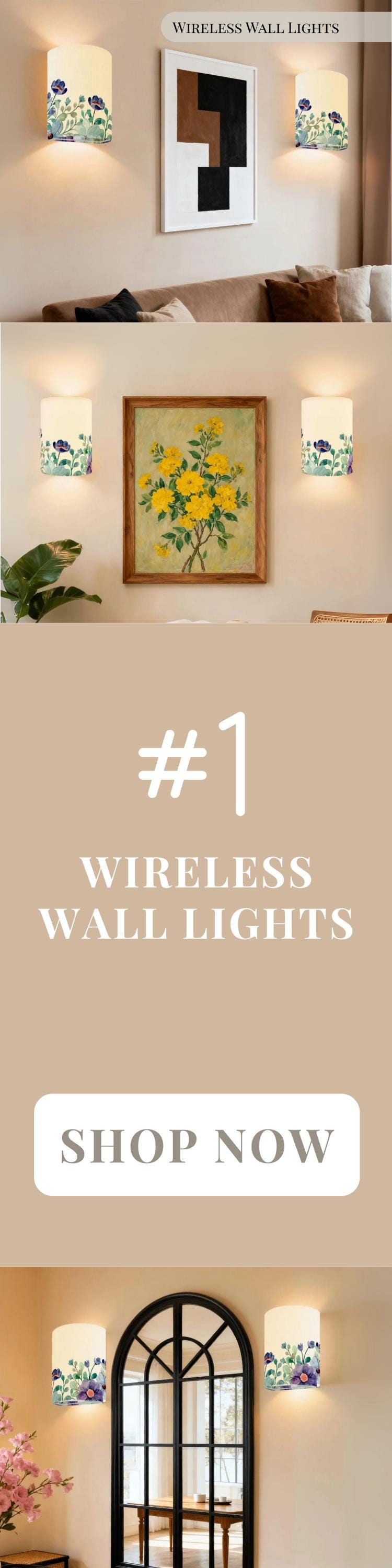 Wireless Wall Sconce Set of 2 Blue Floral Battery Operated Wall Light Decorative Indoor LED Wall Lamp Modern Farmhouse Floral Wall Lighting