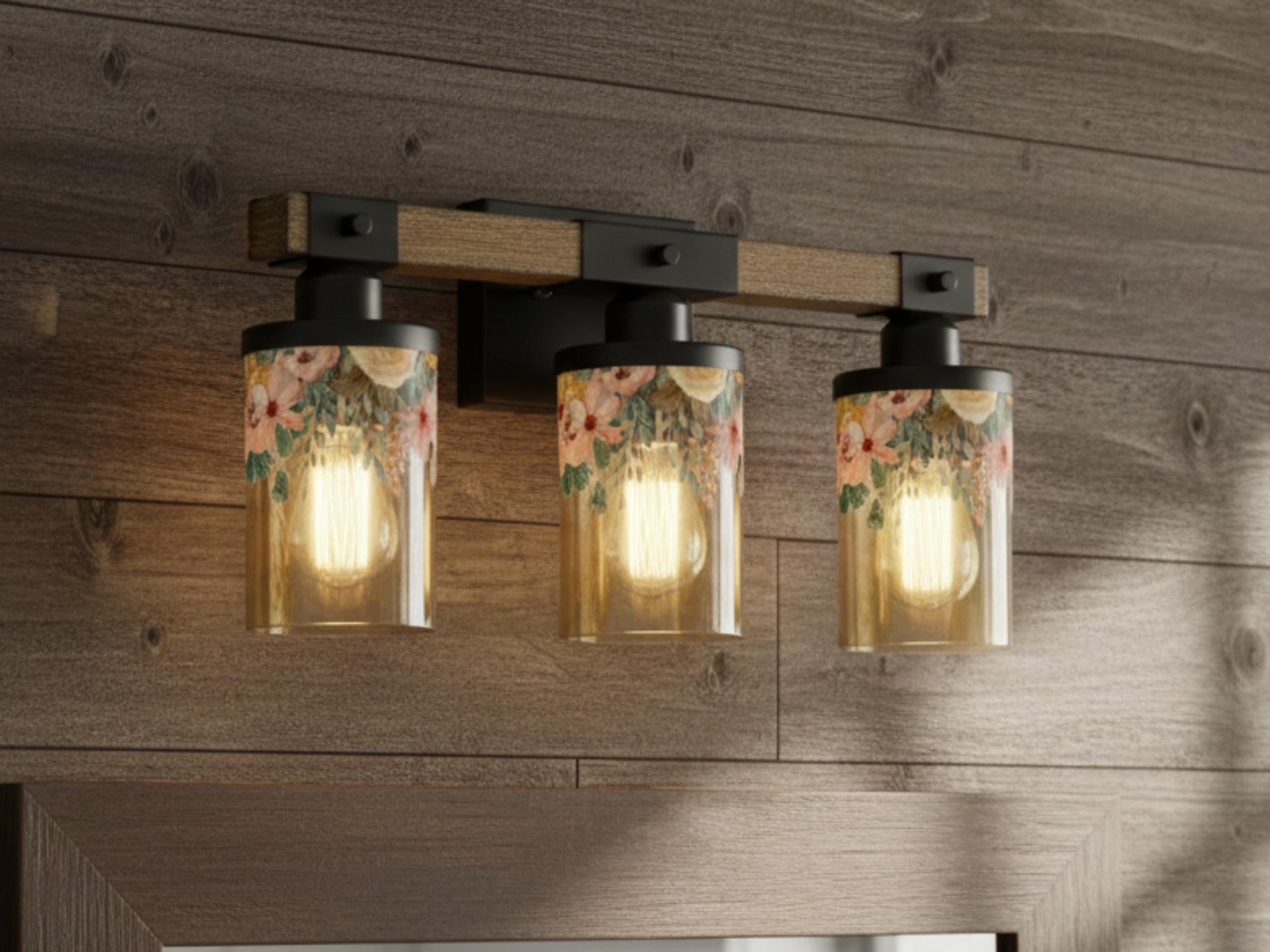 Vanity Light Fixture 3-Light Watercolor Floral Farmhouse Luxury Bathroom Lighting Flowers Metal and Glass Restroom Light Over Sink Decor
