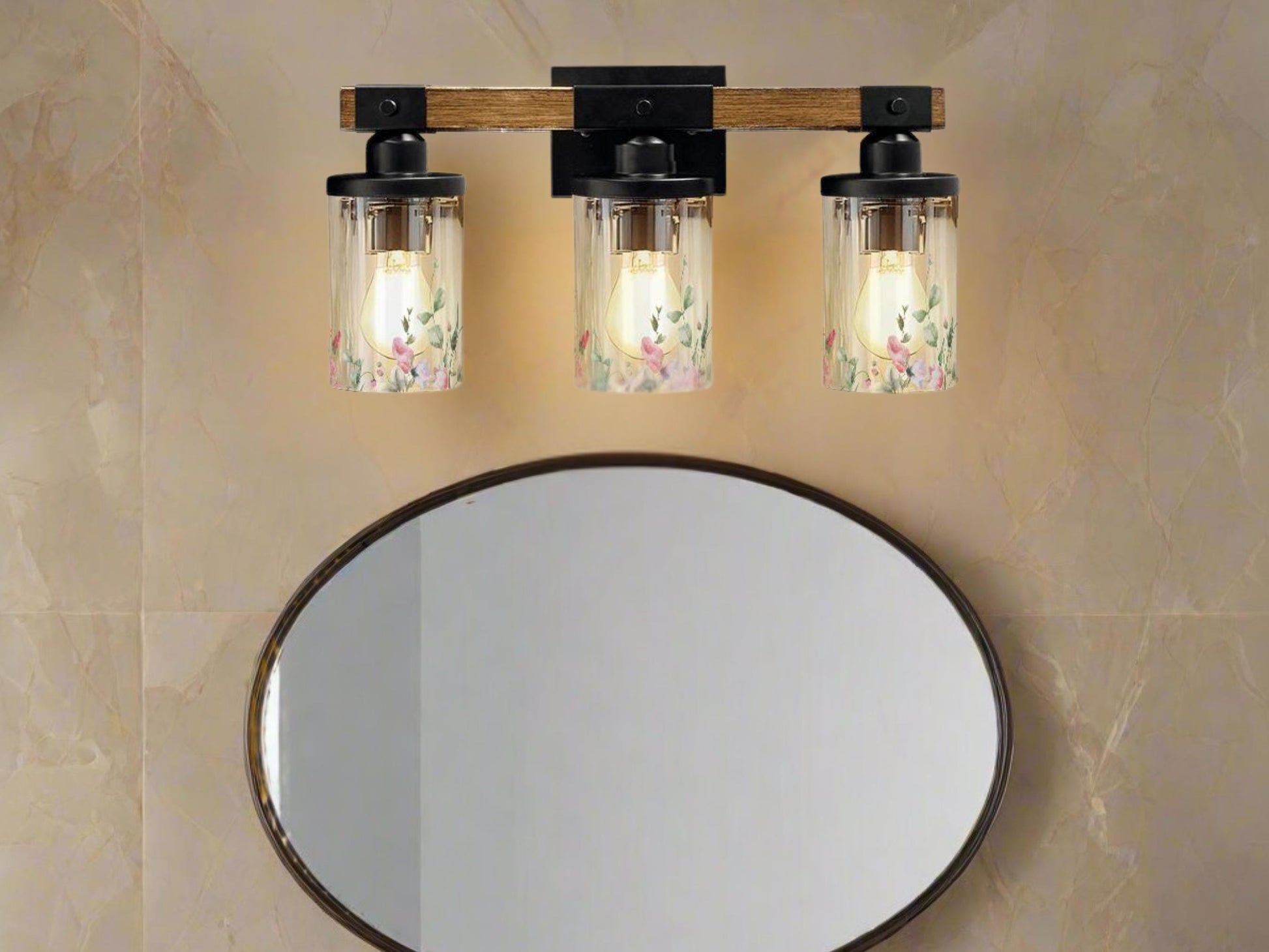 Bathroom Lighting Vanity Light Fixture Soft Pink Floral 3-Light Farmhouse Luxury Bathroom  Metal and Glass Restroom Light Over Sink Decor