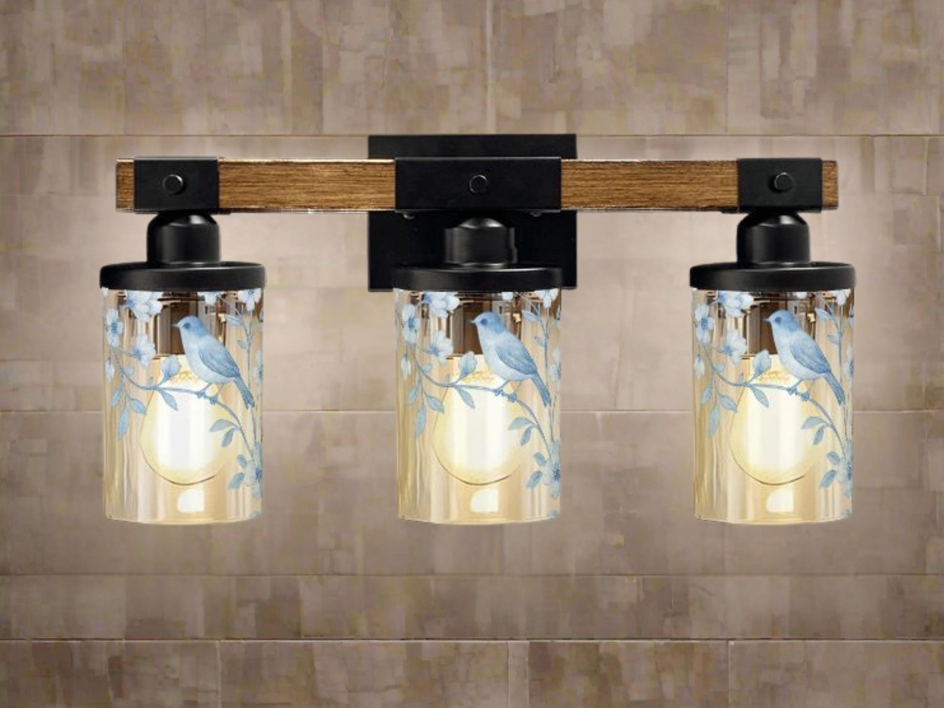 Luxury Bathroom Lighting Chinoiserie Vanity Light Fixture 3-Light Decorative Metal and Glass Restroom Light Toile Bird Light Over Sink Decor
