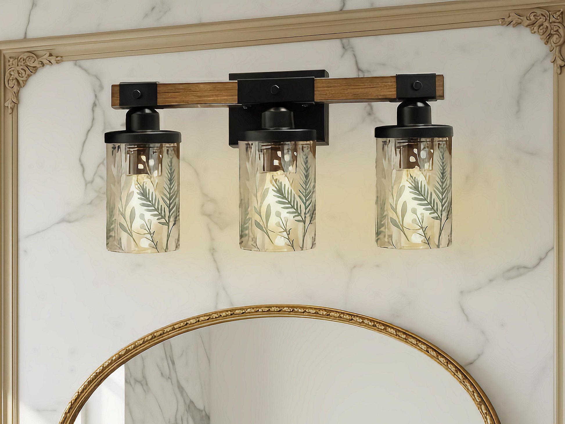 Luxury Bathroom Lighting Green Vanity Light Fixture 3-Light Decorative Metal & Glass Restroom Light Sage Greenery Botanical Over Sink Decor
