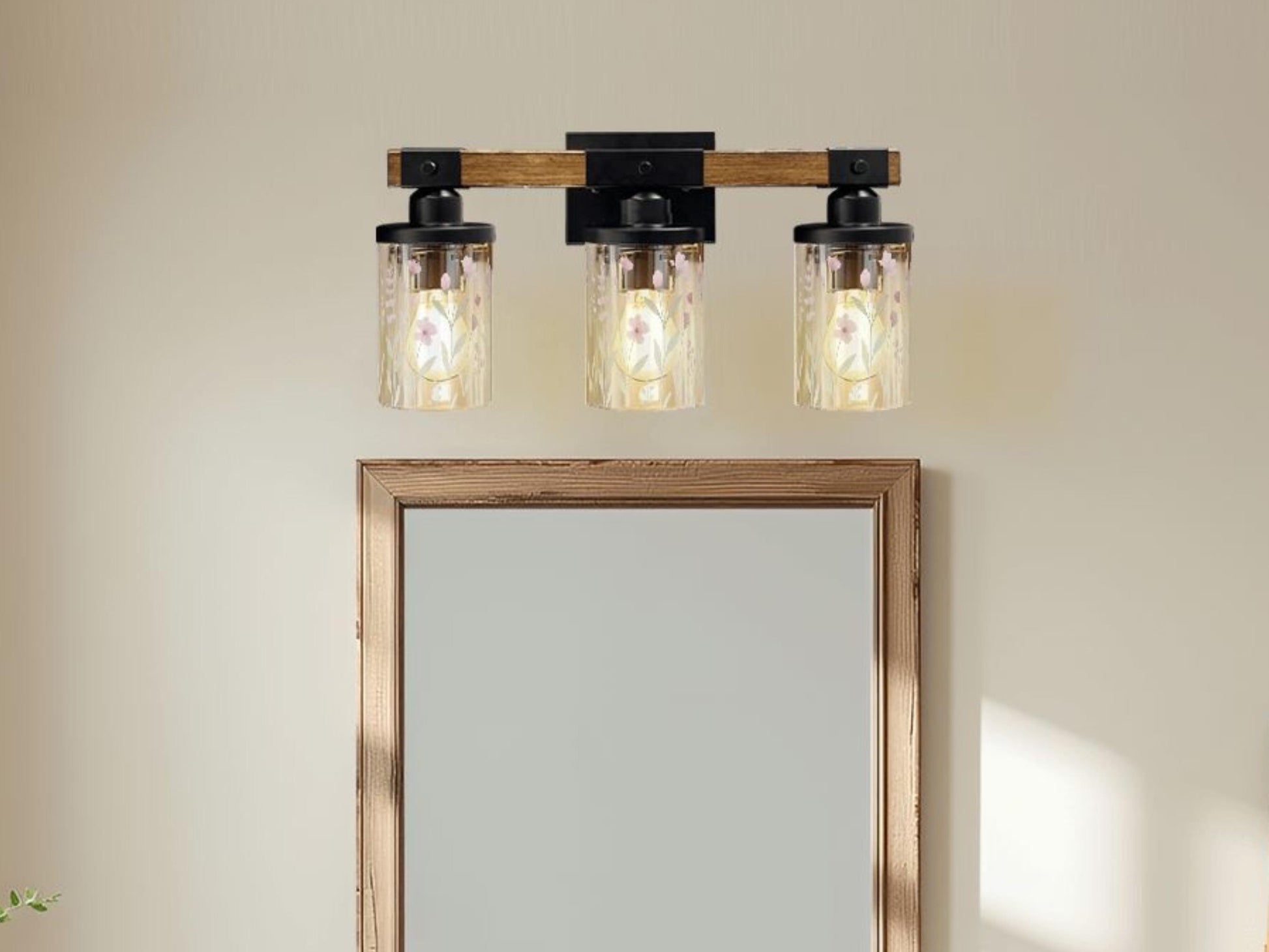 Luxury Bathroom Vanity Light Fixture 3-Light Watercolor Spring Floral Farmhouse Pink Flowers Metal and Glass Restroom Light Over Sink Decor