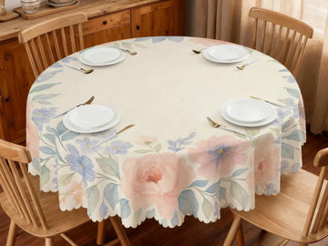 Tablecloth 60inch Spring Flowers Scalloped Edge Detail For Spring Spill-Proof Floral Washable Fabric Table Cloth For Family Dining Occasions