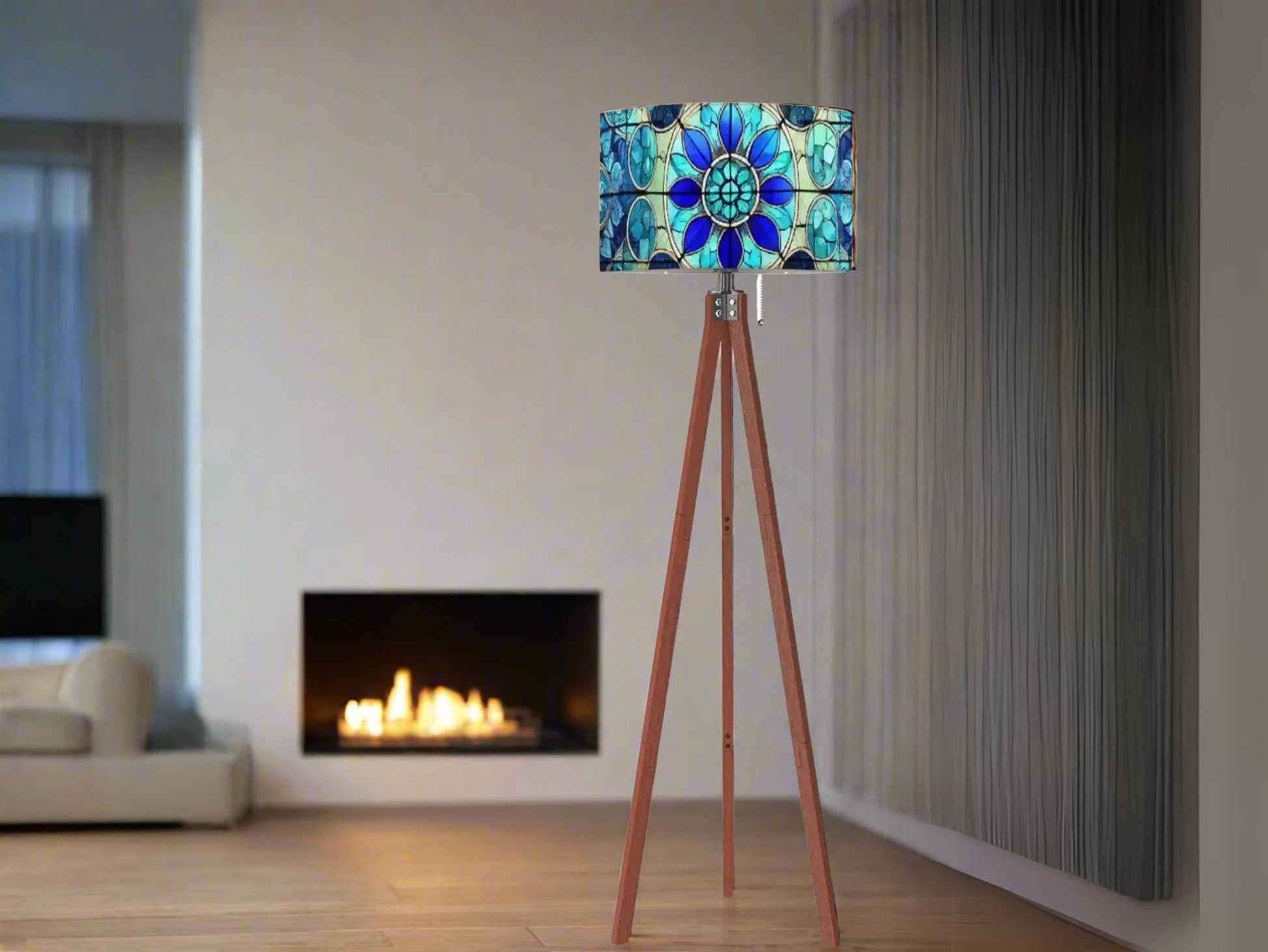 Floor Lamp Tripod Mid Century Wood Tall Lamp Linen Shade Stained Glass Effect Solid Wood Tall Lamp Housewarming Gift Living Room Decor Lamp