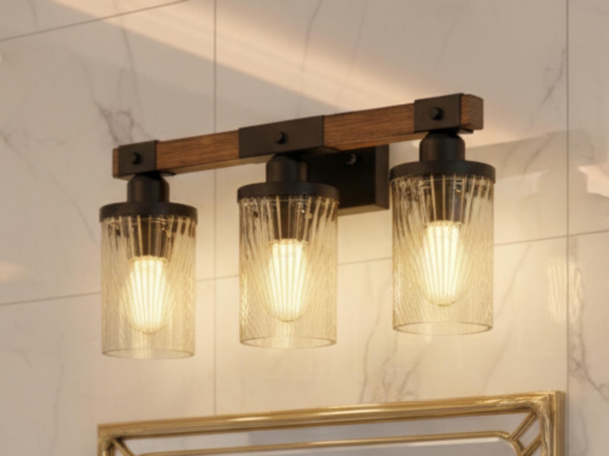 Luxury Bathroom Lighting Modern Farmhouse Vanity Light Fixture 3-Light Decorative Metal & Glass Bath Light Lined Beige Light Over Sink Decor