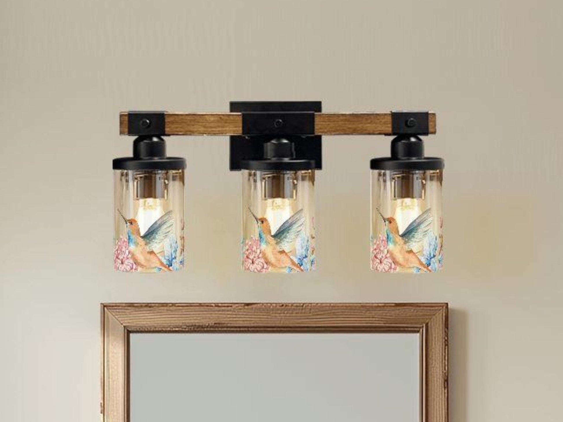 Vanity Light Fixture 3-Light Watercolor Bird Floral Farmhouse Luxury Bathroom Lighting Flower Metal and Glass Restroom Light Over Sink Decor
