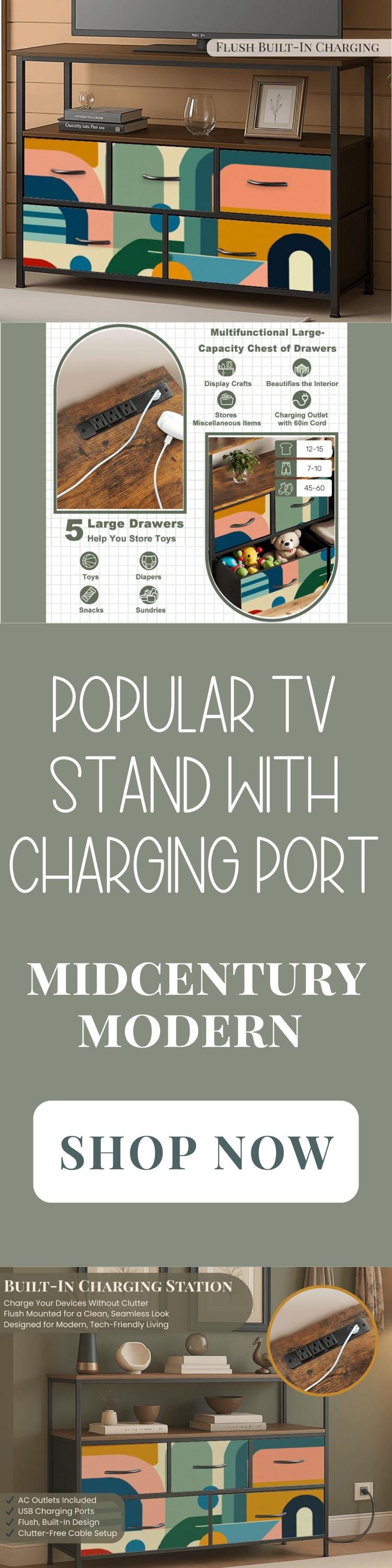 Made to Order Midcentury Modern TV Stand with Charging Station Colorful Abstract Drawer Media Console Mid Century Storage Cabinet Furniture