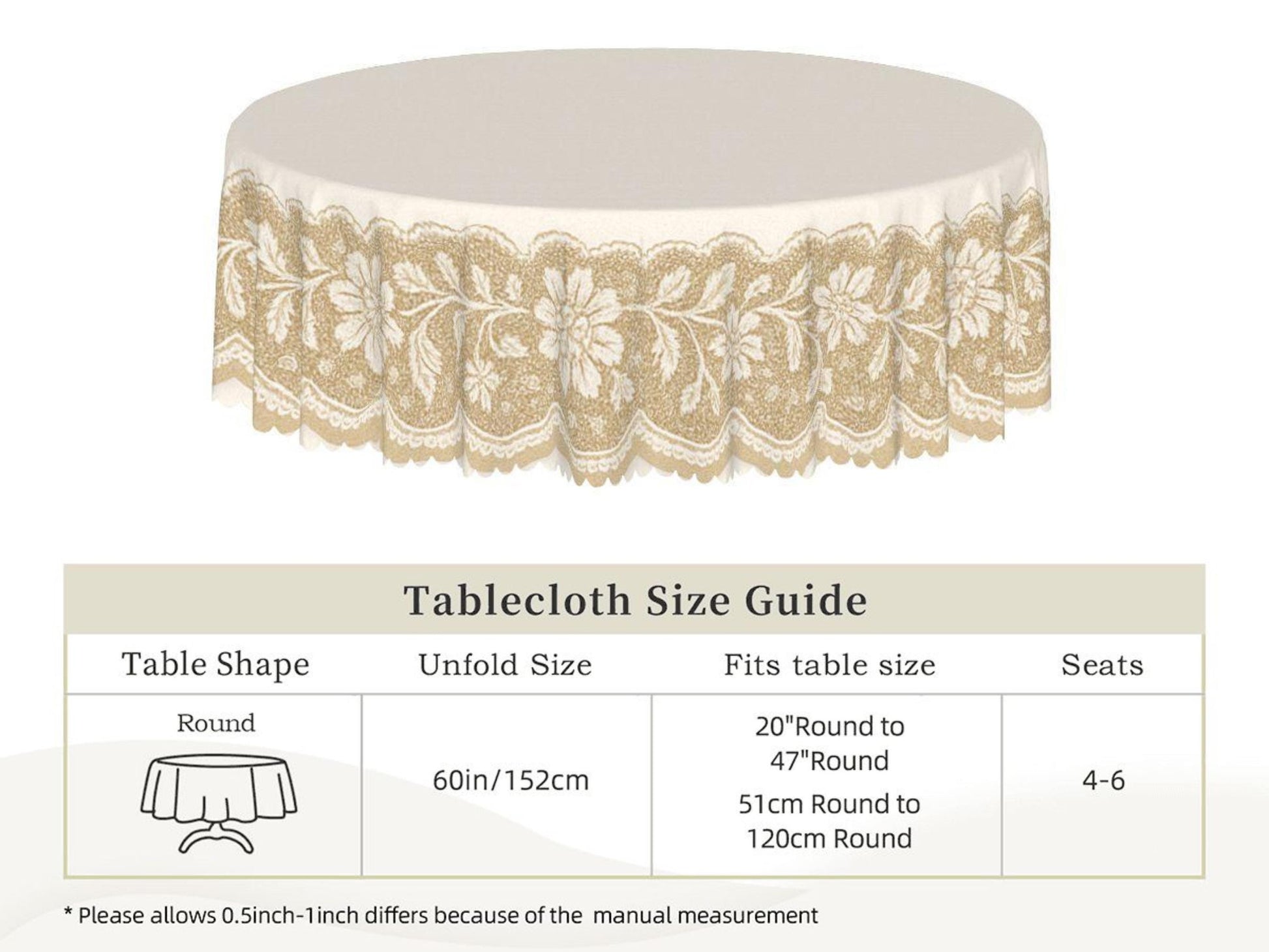 Round Floral Tablecloth With Scalloped Edge Lace Printed Detail Design Spill-Proof Elegant Washable Fabric Table Cloth For Dining Table