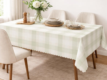 Scalloped Sage Gingham Tablecloth Hand Drawn Uneven Line Green Plaid Farmhouse Tablecloth Cottagecore Dining Table Cover Neutral Home Decor