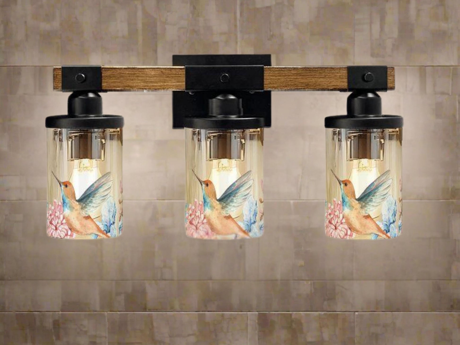 Vanity Light Fixture 3-Light Watercolor Bird Floral Farmhouse Luxury Bathroom Lighting Flower Metal and Glass Restroom Light Over Sink Decor