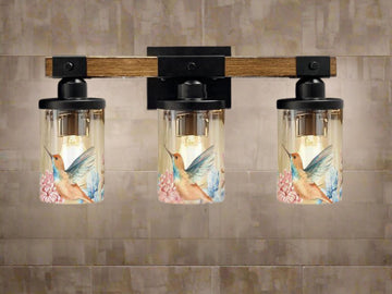 Vanity Light Fixture 3-Light Watercolor Bird Floral Farmhouse Luxury Bathroom Lighting Flower Metal and Glass Restroom Light Over Sink Decor