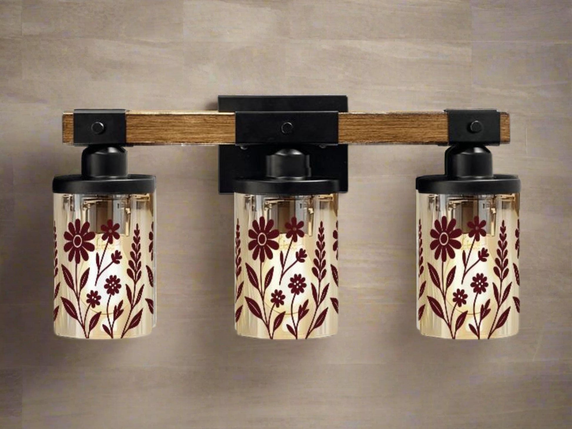 Luxury Bathroom Lighting Modern Vanity Light Fixture 3-Light Decorative Metal and Glass Restroom Light Red Merlot Wildflower Over Sink Decor