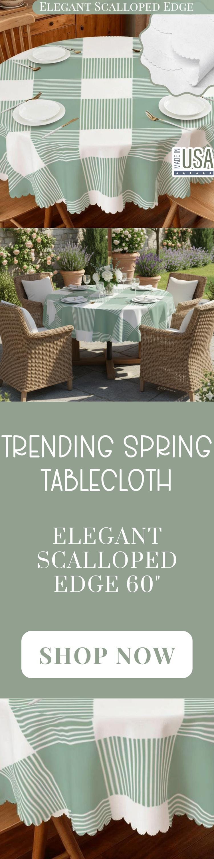 Plaid Tablecloth Green Scalloped Edge Lace Details For Spring Spill-Proof Summer Washable Fabric Table Cloth For Family Dinner Occasion