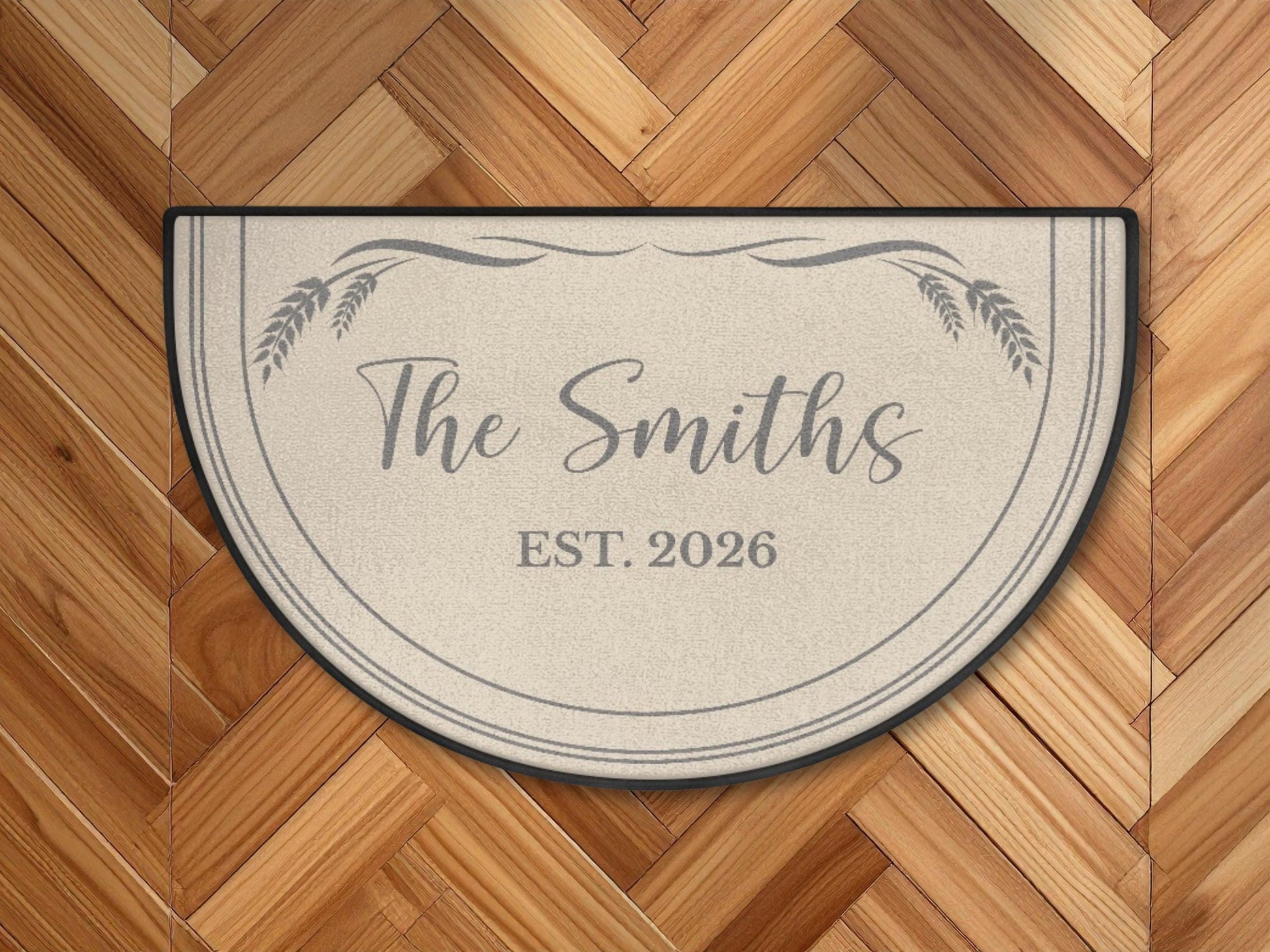 Custom Entryway Rug Welcome Mat Family Name Est Year Semi-Circle Minimalist Beige Carpet Accent Mat Rug Soft Short Pile Personalized Rug