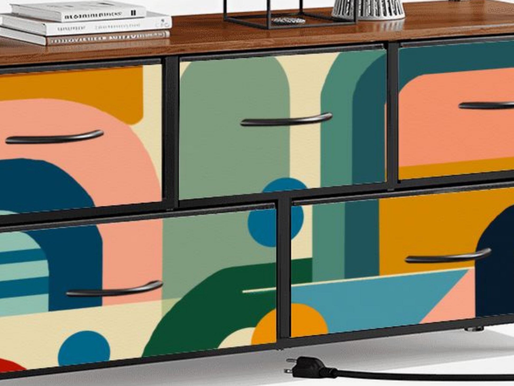 Made to Order Midcentury Modern TV Stand with Charging Station Colorful Abstract Drawer Media Console Mid Century Storage Cabinet Furniture