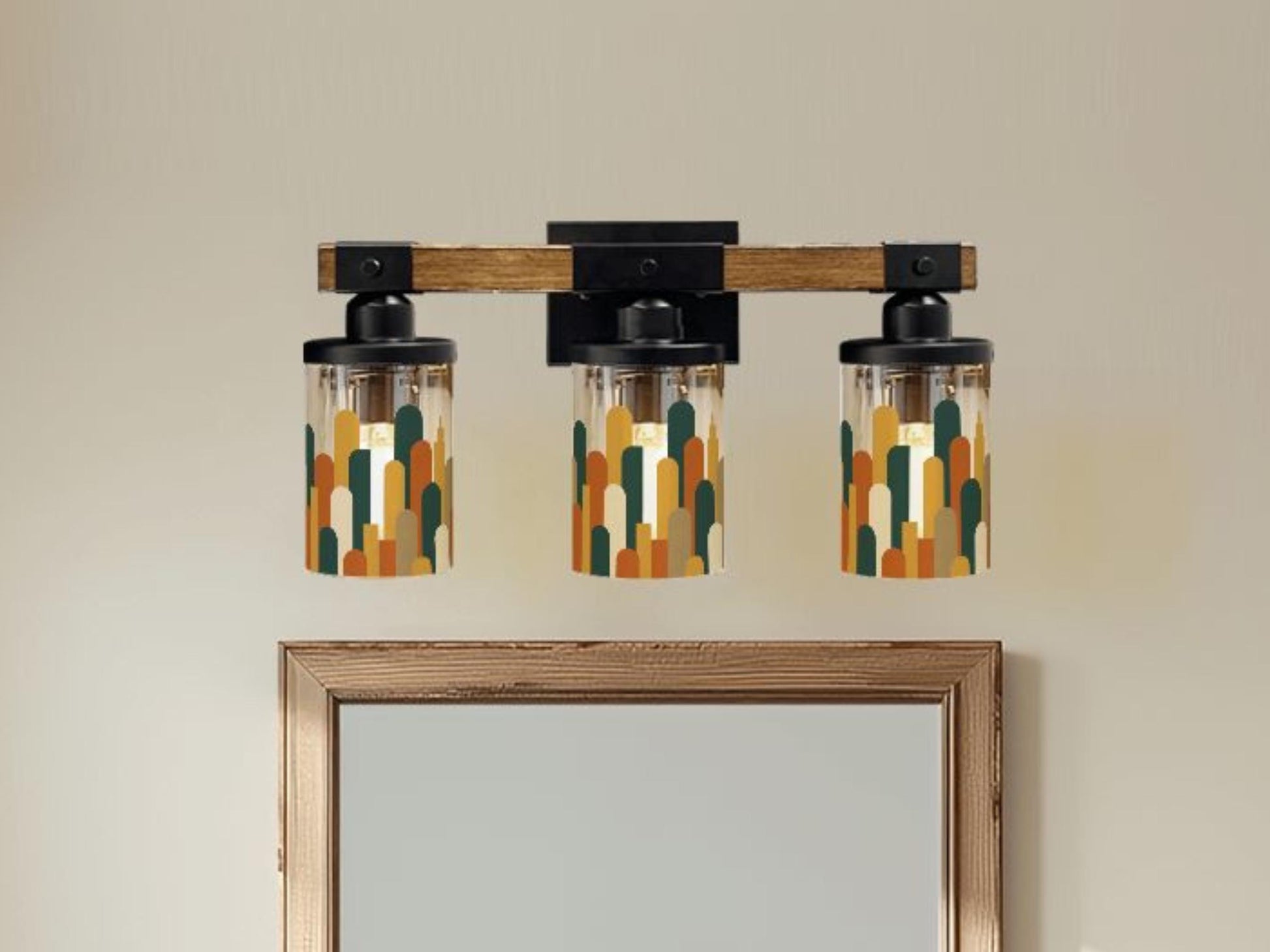 Luxury Bathroom Lighting MCM Vanity Light Fixture 3-Light Decorative Metal & Glass Restroom Light Midcentury Modern City Skyline Sink Decor