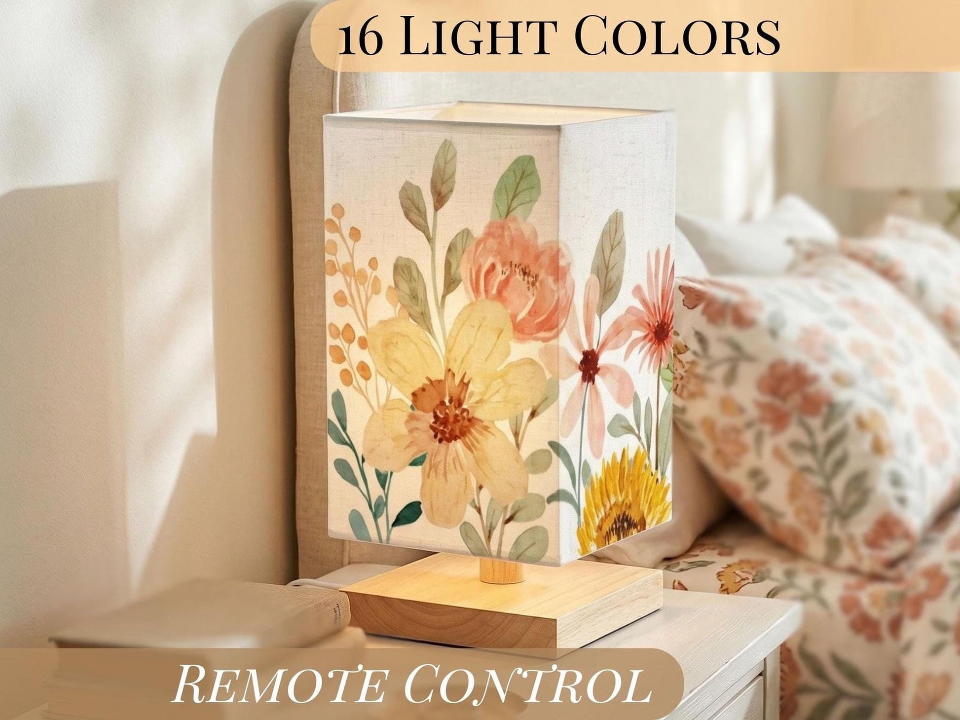 Bedside Table Lamp Remote Control Floral Watercolor Flowers Lamp For Small Desk Lamp For Office Wood Desk Lamp Lighting for Living Room