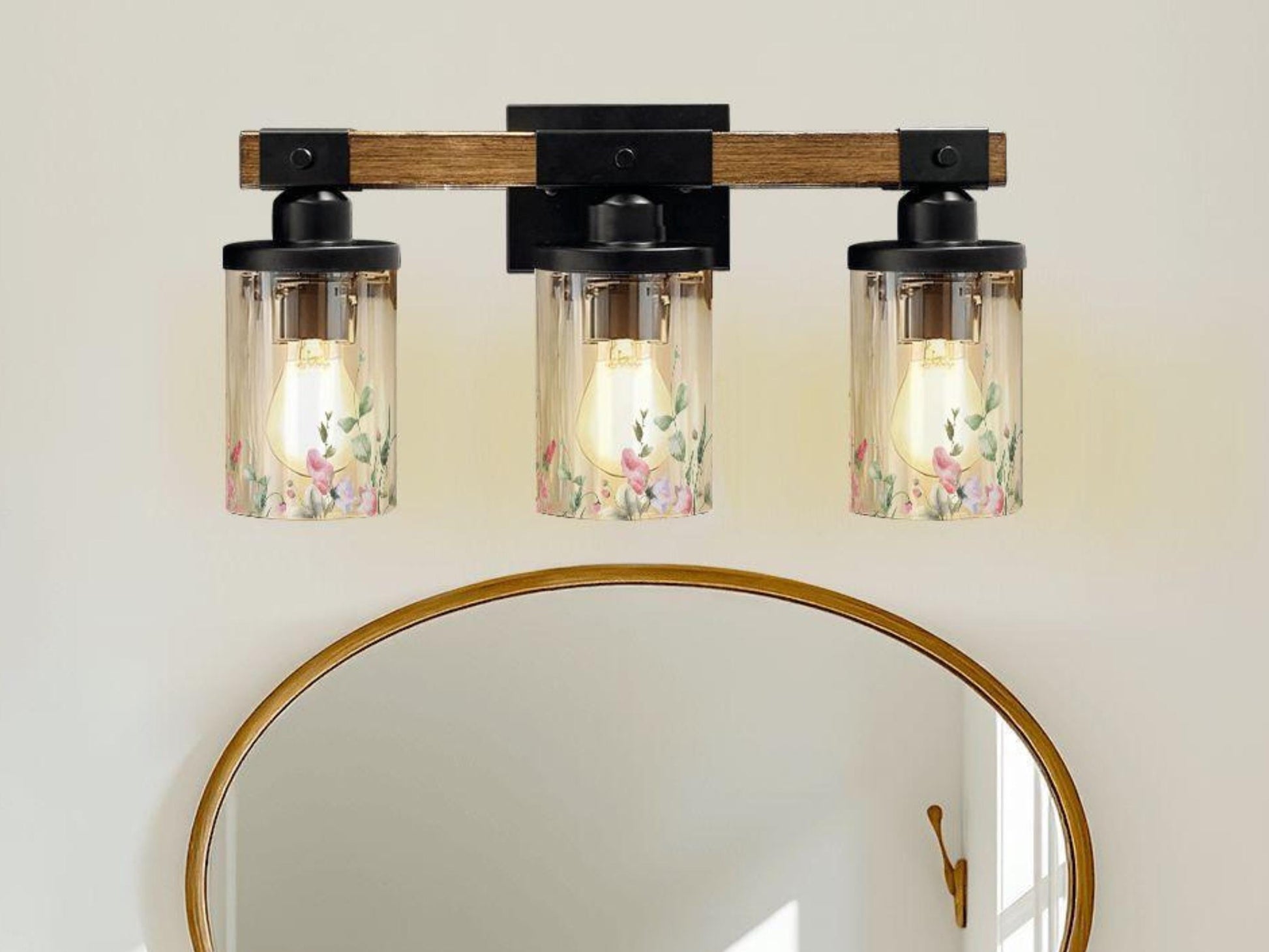 Bathroom Lighting Vanity Light Fixture Soft Pink Floral 3-Light Farmhouse Luxury Bathroom  Metal and Glass Restroom Light Over Sink Decor