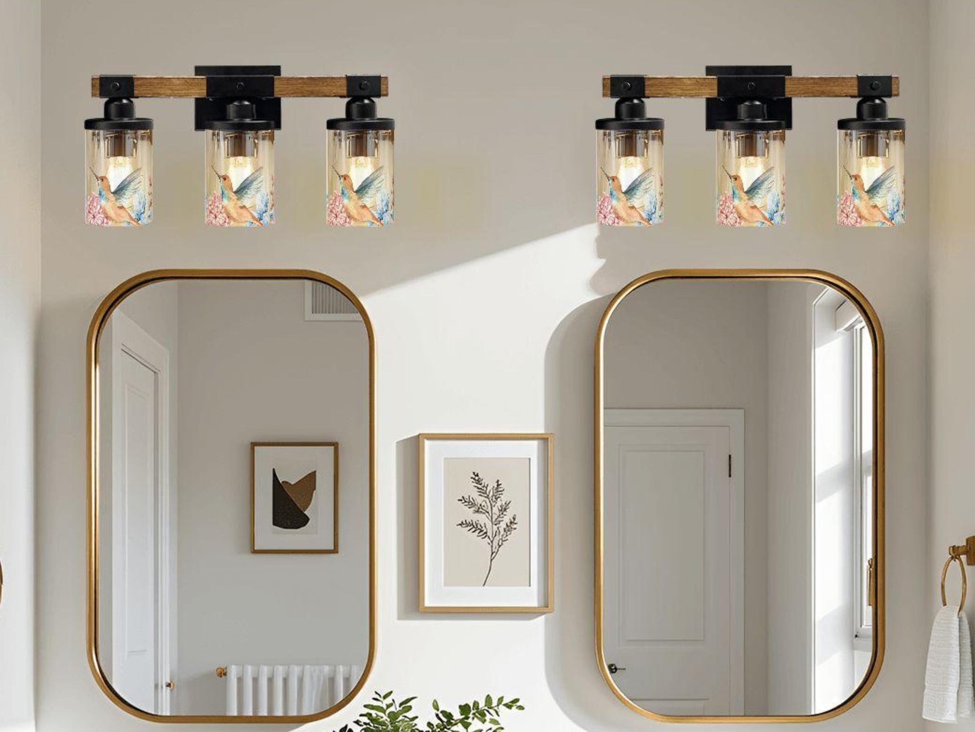Vanity Light Fixture 3-Light Watercolor Bird Floral Farmhouse Luxury Bathroom Lighting Flower Metal and Glass Restroom Light Over Sink Decor