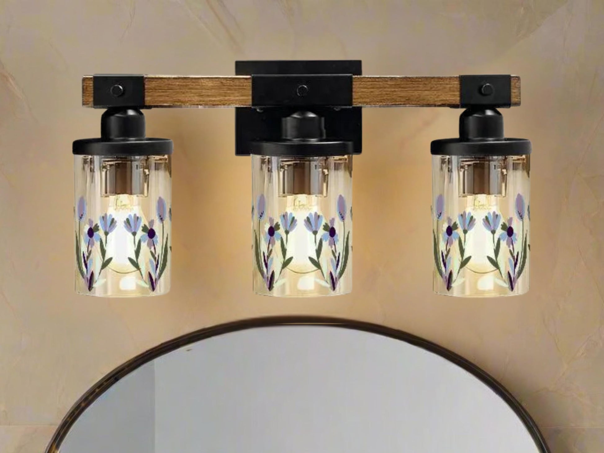 Bathroom Vanity Light Fixture Purple Floral 3-Light Farmhouse Luxury Bathroom Lighting Flower Metal and Glass Restroom Light Over Sink Decor