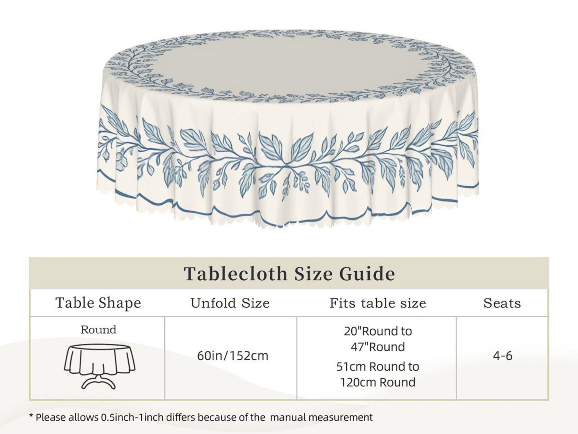 Floral Tablecloth Blue Beige Round 60in Scalloped Edge Lace Details For Dining Table Spill-Proof Beige Washable Fabric Table Cloth Dining